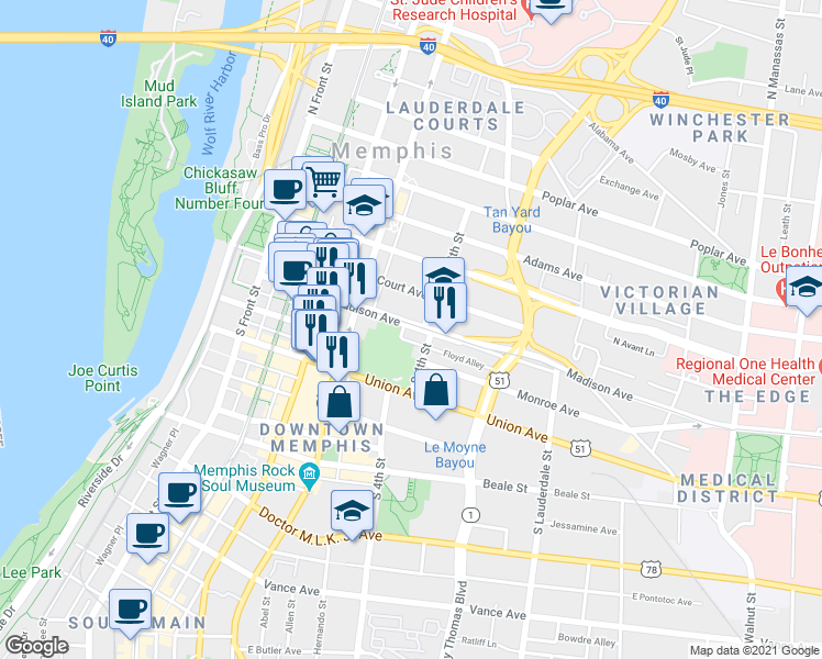 map of restaurants, bars, coffee shops, grocery stores, and more near 245 Madison Avenue in Memphis