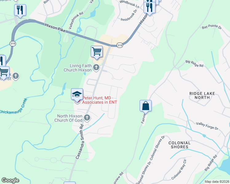 map of restaurants, bars, coffee shops, grocery stores, and more near 5349 Bungalow Circle in Chattanooga