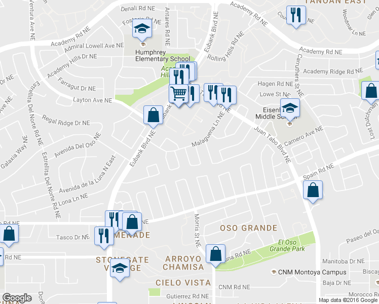 map of restaurants, bars, coffee shops, grocery stores, and more near 5516 Sabrosa Drive Northeast in Albuquerque