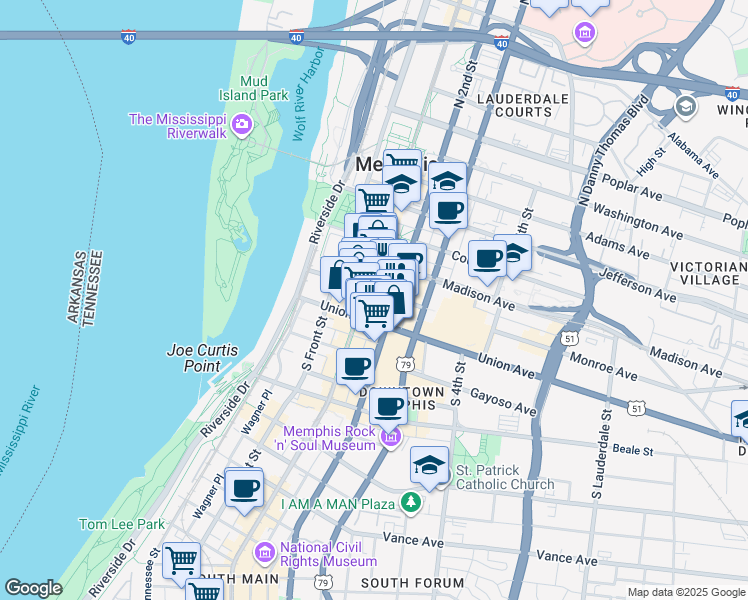 map of restaurants, bars, coffee shops, grocery stores, and more near in Memphis
