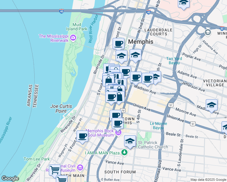 map of restaurants, bars, coffee shops, grocery stores, and more near 40 South Main Street in Memphis