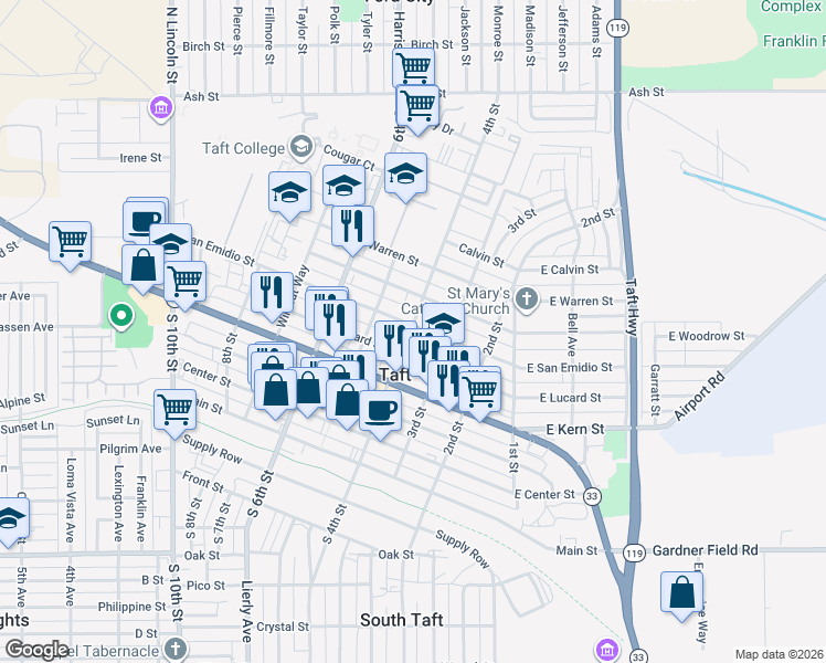 map of restaurants, bars, coffee shops, grocery stores, and more near 321 San Emidio Street in Taft