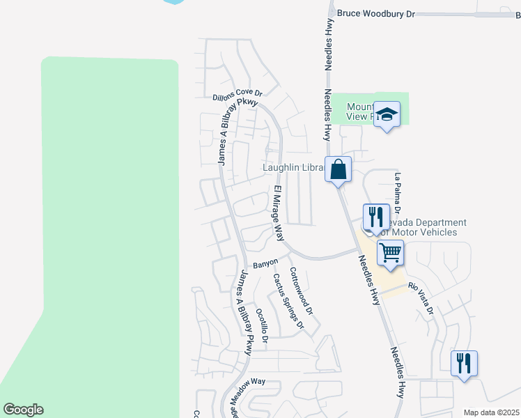 map of restaurants, bars, coffee shops, grocery stores, and more near 2200 Rugged Mesa Drive in Laughlin