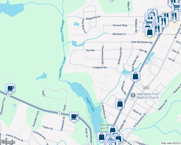 map of restaurants, bars, coffee shops, grocery stores, and more near 194 Longleaf Circle in Aberdeen