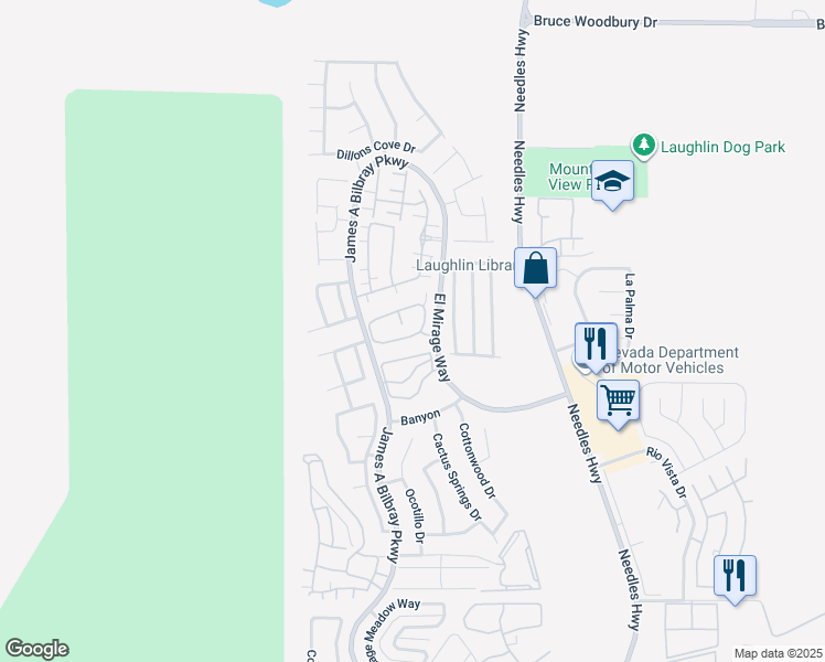 map of restaurants, bars, coffee shops, grocery stores, and more near 2200 Rugged Mesa Drive in Laughlin
