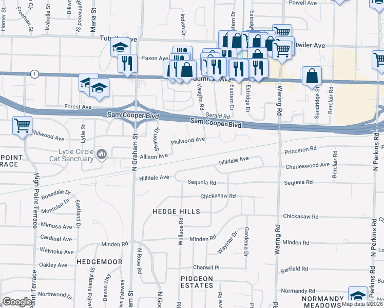 map of restaurants, bars, coffee shops, grocery stores, and more near 453 Gerald Road in Memphis