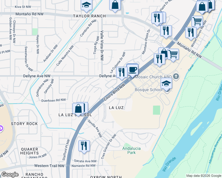 map of restaurants, bars, coffee shops, grocery stores, and more near 5032 Mirador Drive Northwest in Albuquerque