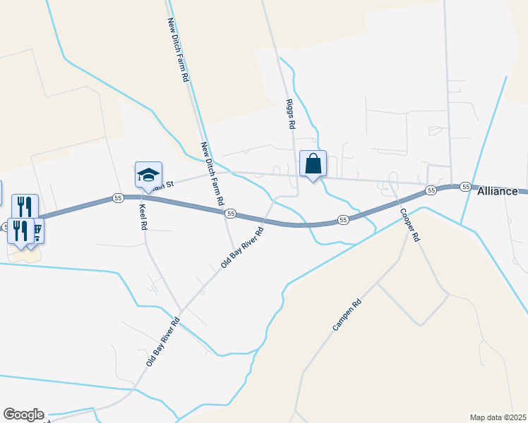map of restaurants, bars, coffee shops, grocery stores, and more near 17 Courtland Drive in Grantsboro
