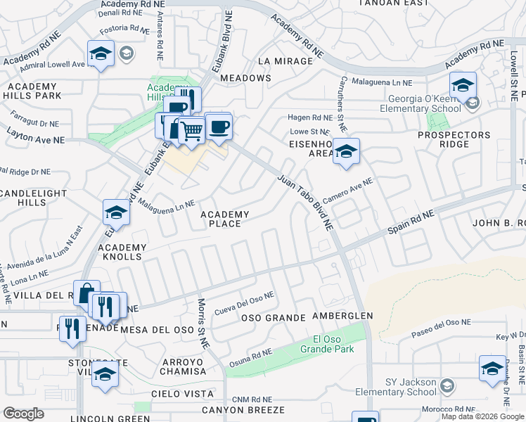 map of restaurants, bars, coffee shops, grocery stores, and more near 10501 Delicado Place Northeast in Albuquerque