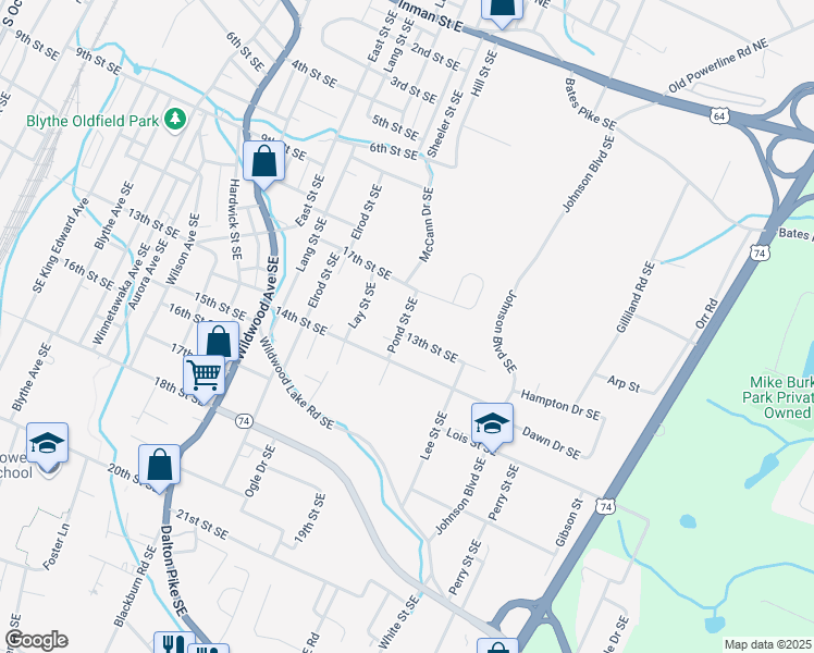 map of restaurants, bars, coffee shops, grocery stores, and more near 1295 Pond Street Southeast in Cleveland