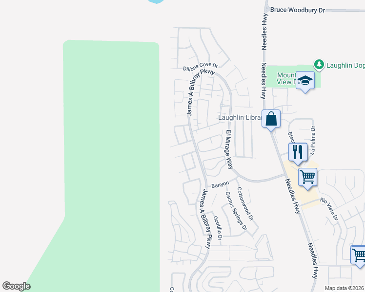 map of restaurants, bars, coffee shops, grocery stores, and more near 2299 Risco Lane in Laughlin