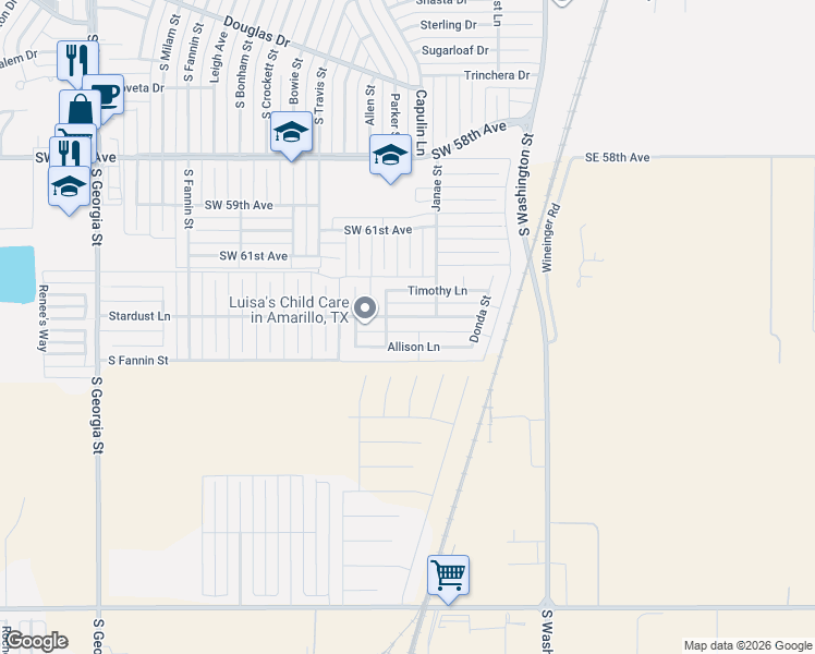 map of restaurants, bars, coffee shops, grocery stores, and more near 1508 Allison Lane in Amarillo