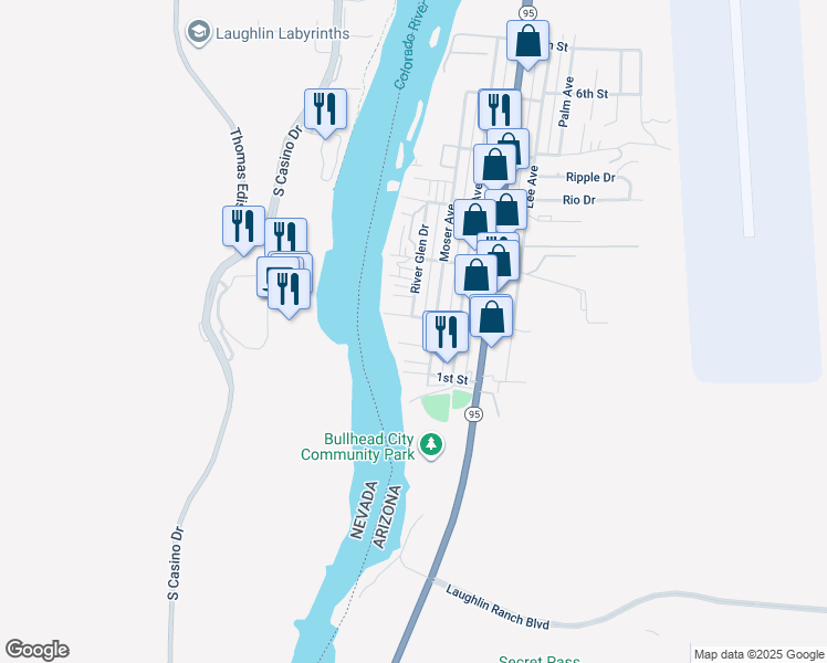 map of restaurants, bars, coffee shops, grocery stores, and more near 455 Moser Avenue in Bullhead City
