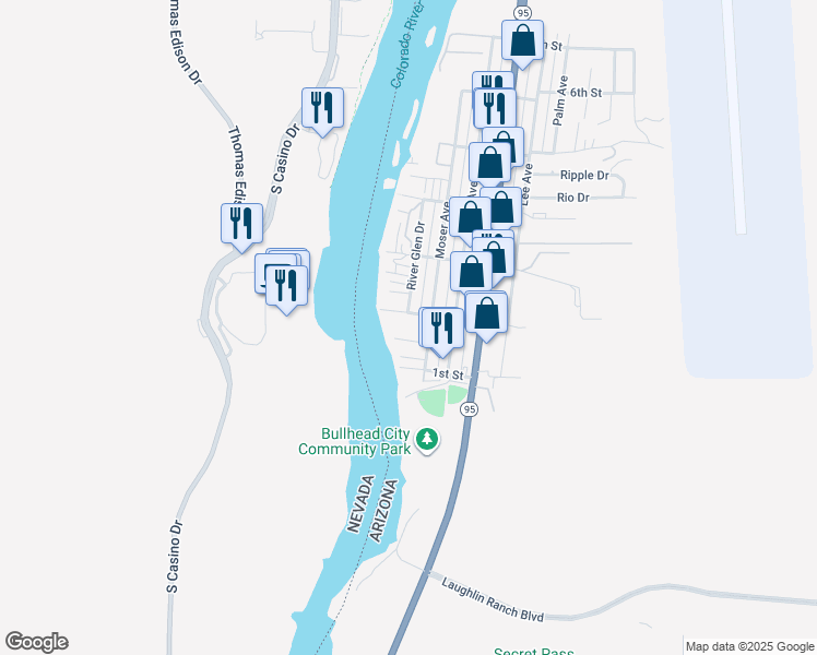 map of restaurants, bars, coffee shops, grocery stores, and more near 455 Moser Avenue in Bullhead City