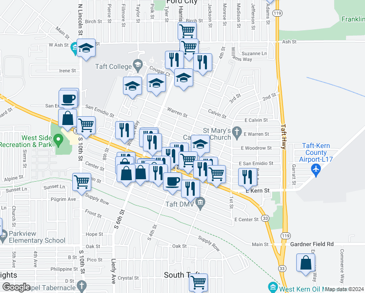 map of restaurants, bars, coffee shops, grocery stores, and more near 321 San Emidio Street in Taft