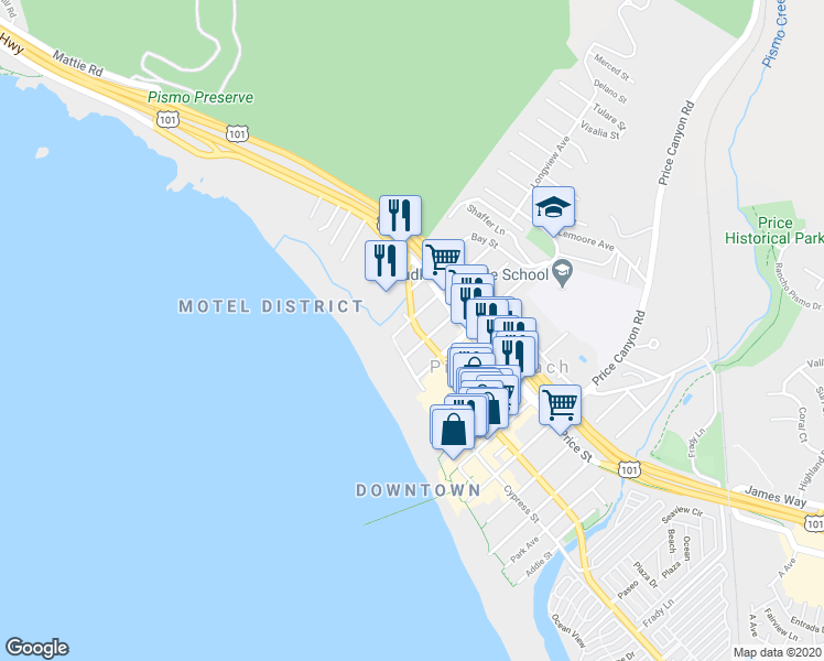 map of restaurants, bars, coffee shops, grocery stores, and more near 1240 Cypress Street in Pismo Beach