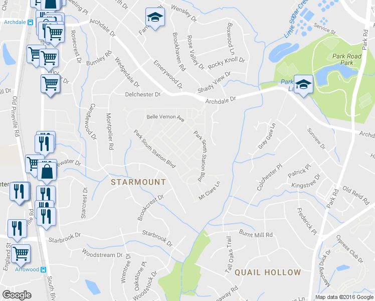 map of restaurants, bars, coffee shops, grocery stores, and more near 6404 Silver Star Lane in Charlotte