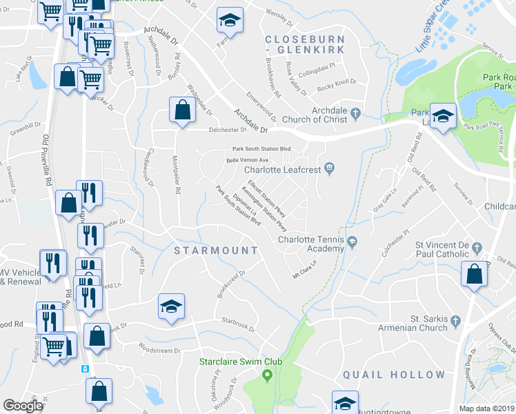 map of restaurants, bars, coffee shops, grocery stores, and more near 2320 Kensington Station Parkway in Charlotte