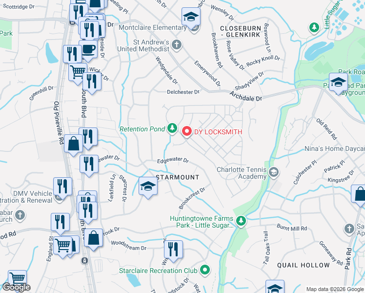 map of restaurants, bars, coffee shops, grocery stores, and more near 1801 Edgewater Drive in Charlotte