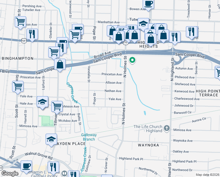 map of restaurants, bars, coffee shops, grocery stores, and more near 3229 Nathan Avenue in Memphis