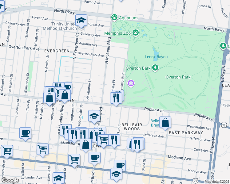 map of restaurants, bars, coffee shops, grocery stores, and more near 220 Buena Vista Place in Memphis