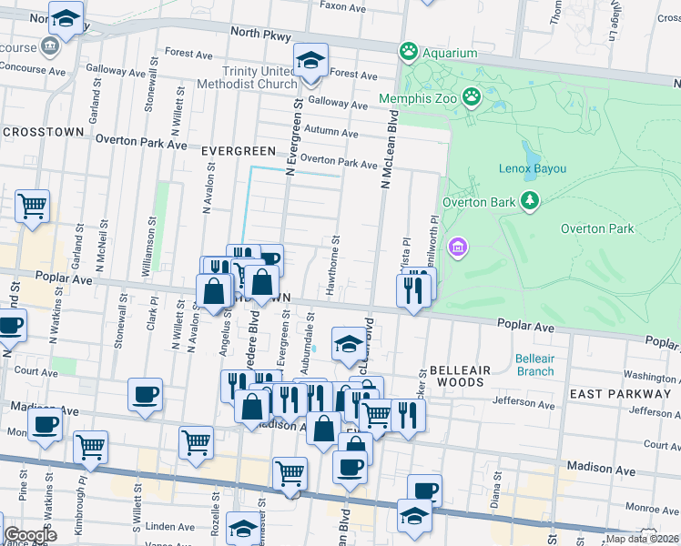 map of restaurants, bars, coffee shops, grocery stores, and more near 1806 Poplar Avenue in Memphis