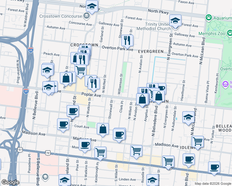 map of restaurants, bars, coffee shops, grocery stores, and more near in Memphis