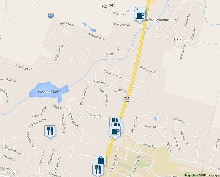 map of restaurants, bars, coffee shops, grocery stores, and more near 533 Coronation Drive in Fayetteville