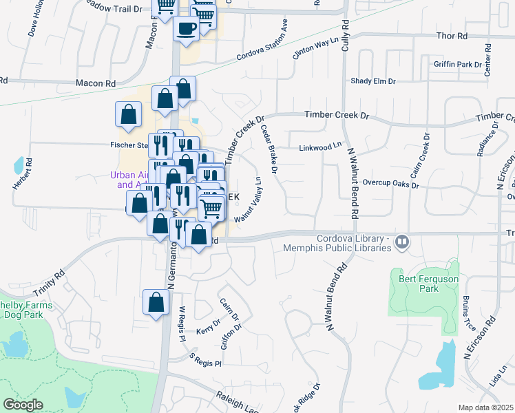 map of restaurants, bars, coffee shops, grocery stores, and more near 718 Walnut Valley Lane in Memphis