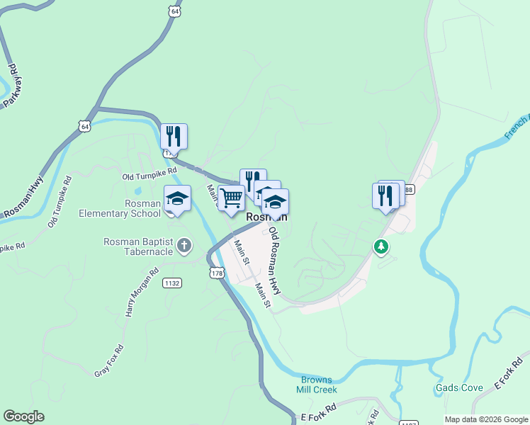 map of restaurants, bars, coffee shops, grocery stores, and more near 749 Pickens Highway in Rosman