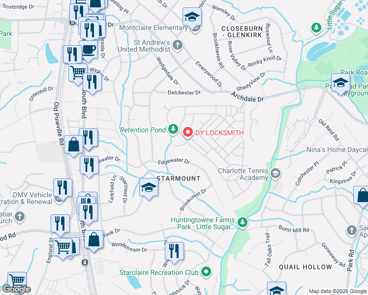map of restaurants, bars, coffee shops, grocery stores, and more near 1801 Edgewater Drive in Charlotte