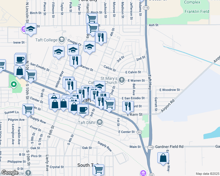 map of restaurants, bars, coffee shops, grocery stores, and more near 209 Woodrow Street in Taft