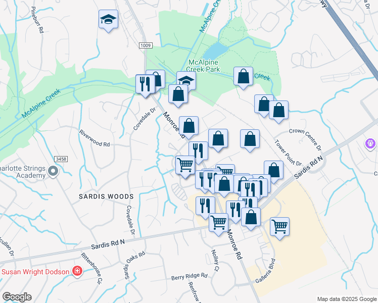 map of restaurants, bars, coffee shops, grocery stores, and more near 9318 Monroe Road in Charlotte