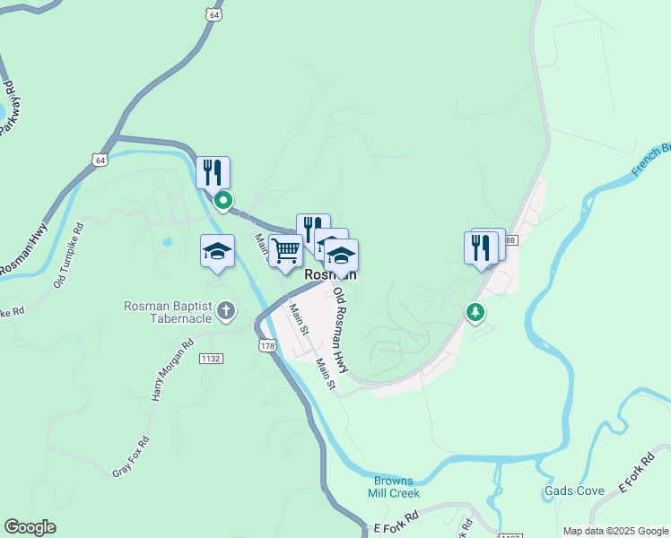 map of restaurants, bars, coffee shops, grocery stores, and more near 749 Pickens Highway in Rosman