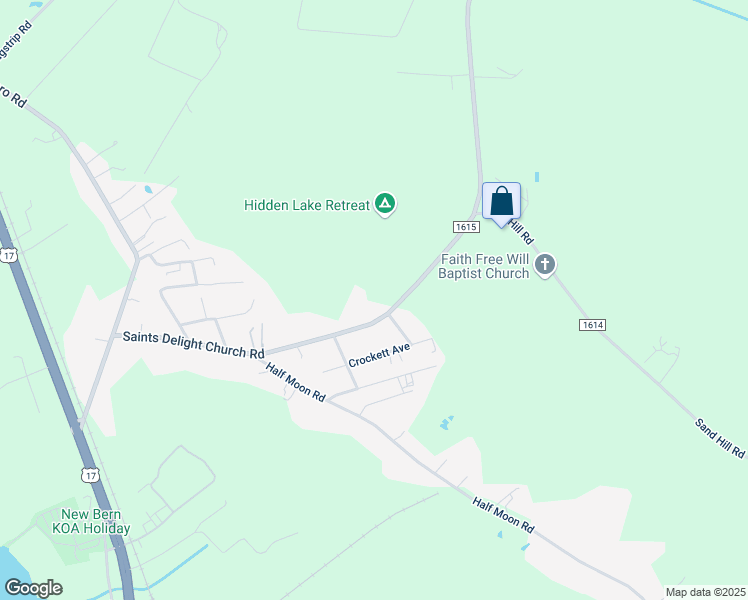 map of restaurants, bars, coffee shops, grocery stores, and more near 395 Saints Delight Church Road in New Bern