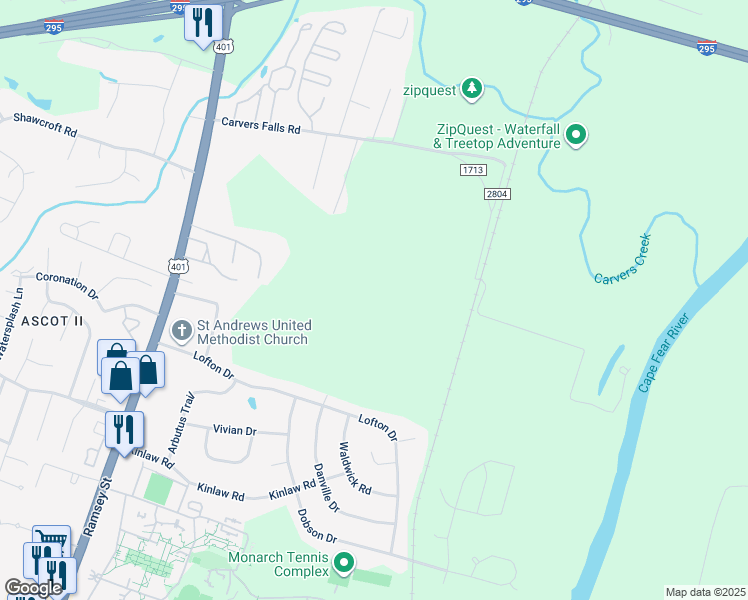 map of restaurants, bars, coffee shops, grocery stores, and more near 654 Carvers Falls Road in Fayetteville