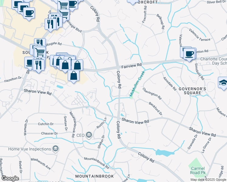 map of restaurants, bars, coffee shops, grocery stores, and more near 3711 Colony Crossing Drive in Charlotte