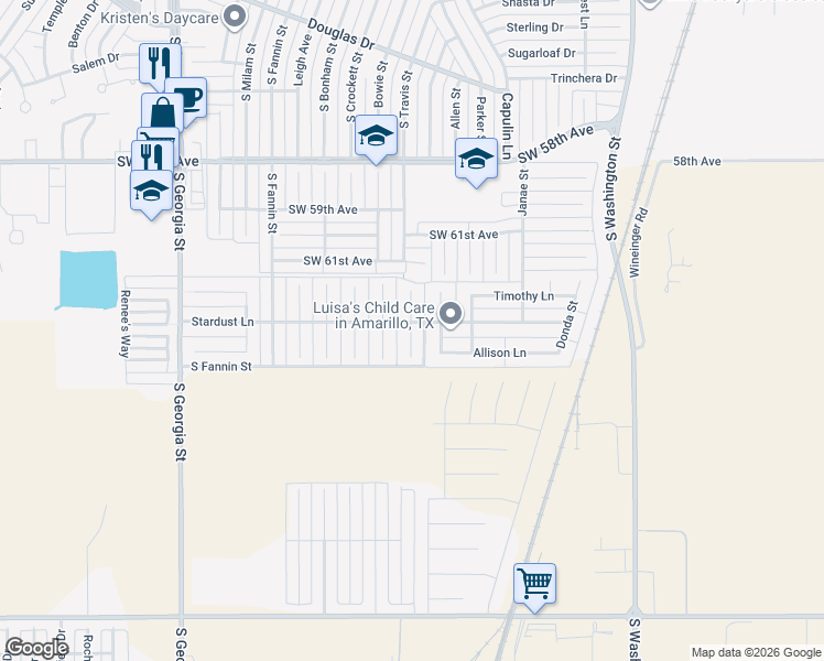 map of restaurants, bars, coffee shops, grocery stores, and more near 6313 Travis Street in Amarillo