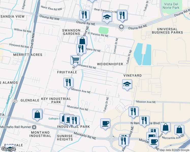 map of restaurants, bars, coffee shops, grocery stores, and more near 6118 Edith Boulevard Northeast in Albuquerque