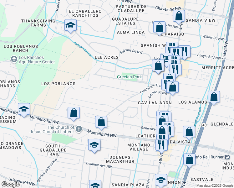 map of restaurants, bars, coffee shops, grocery stores, and more near 5885 Guadalupe Trail Northwest in Albuquerque