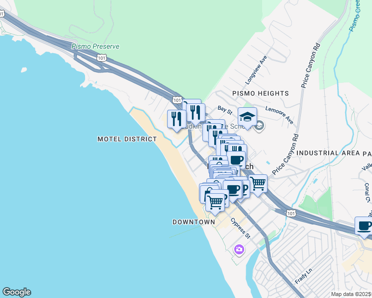 map of restaurants, bars, coffee shops, grocery stores, and more near 1240 Cypress Street in Pismo Beach