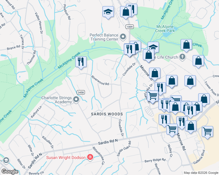 map of restaurants, bars, coffee shops, grocery stores, and more near 7601 Surreywood Place in Charlotte