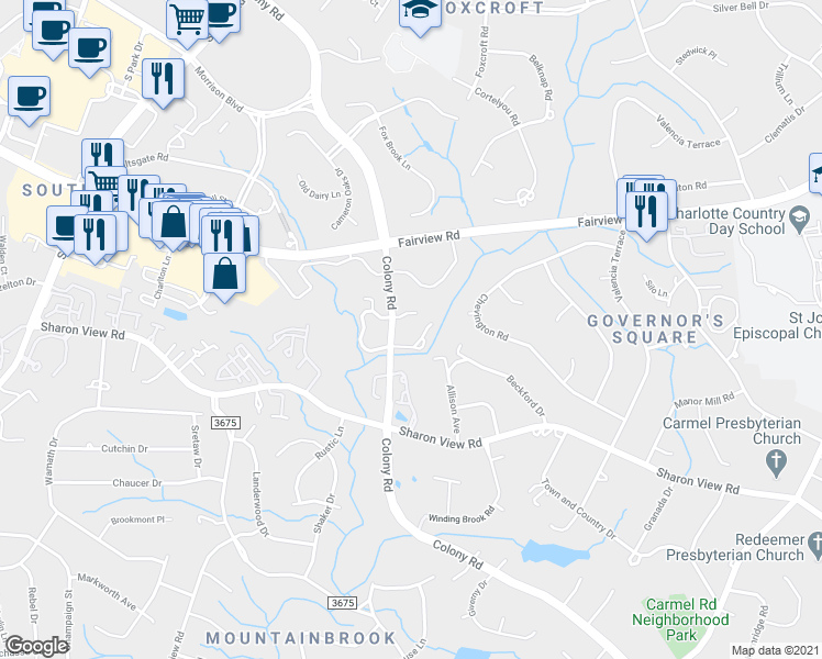 map of restaurants, bars, coffee shops, grocery stores, and more near 3811 Colony Crossing Drive in Charlotte