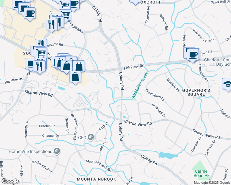 map of restaurants, bars, coffee shops, grocery stores, and more near 3711 Colony Crossing Drive in Charlotte