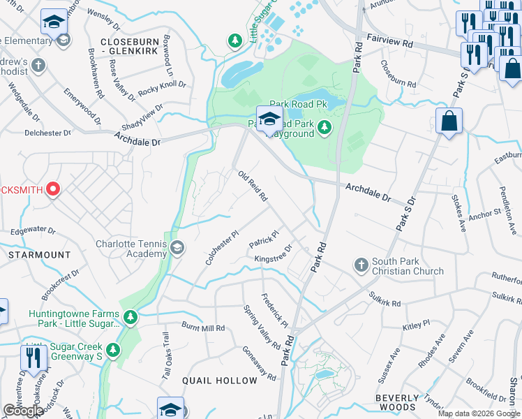 map of restaurants, bars, coffee shops, grocery stores, and more near 5913 Colchester Place in Charlotte