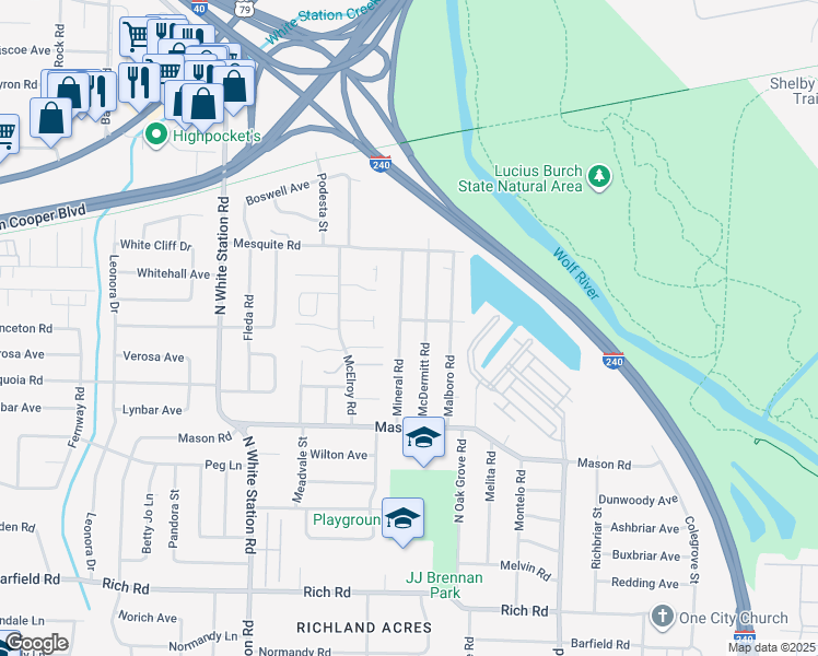 map of restaurants, bars, coffee shops, grocery stores, and more near 459 Mineral Road in Memphis