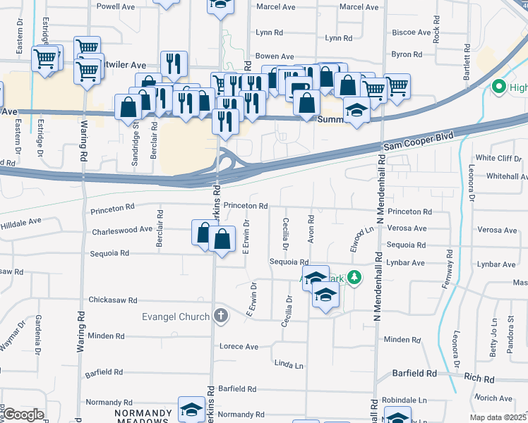 map of restaurants, bars, coffee shops, grocery stores, and more near 454 East Erwin Drive in Memphis