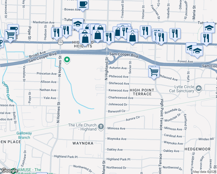 map of restaurants, bars, coffee shops, grocery stores, and more near 418 North Highland Street in Memphis