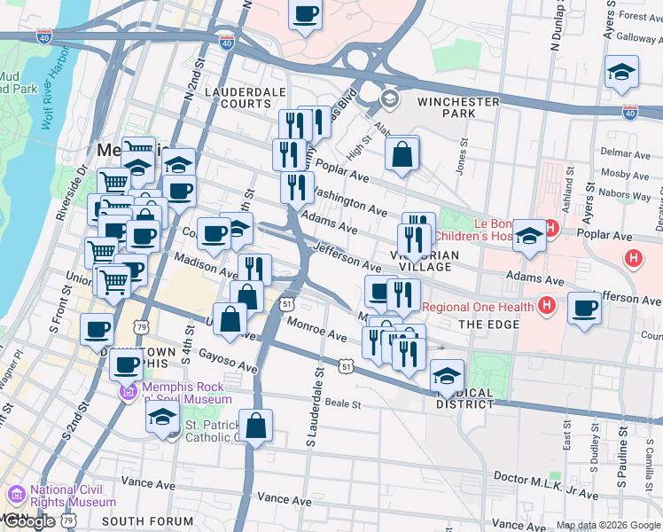 map of restaurants, bars, coffee shops, grocery stores, and more near 711 Jefferson Avenue in Memphis