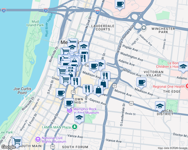 map of restaurants, bars, coffee shops, grocery stores, and more near Hernando de Soto Bridge in Memphis